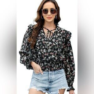 ELGOGY V Neck, long sleeve blouse, chiffon floral print, M